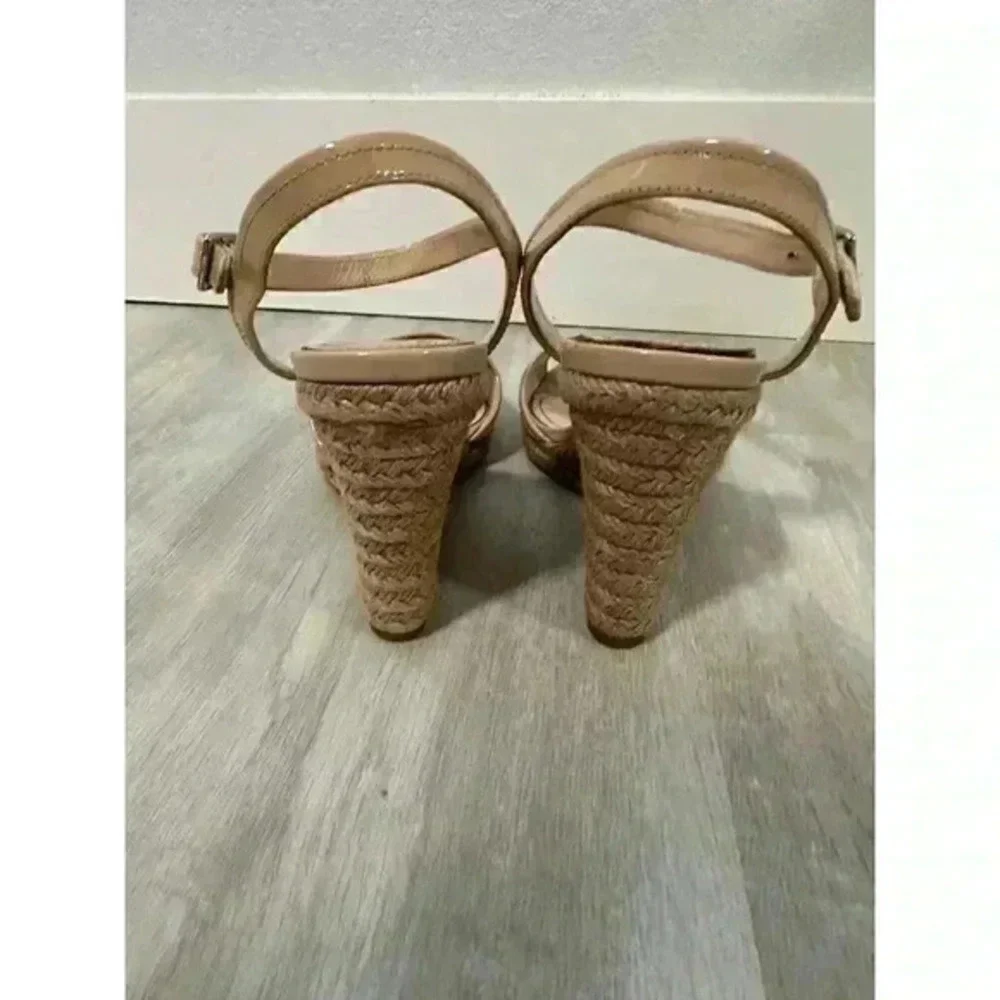 Prada Beige Patent Leather Espadrille Platform Wedge Ankle Strap Sandals Size 37